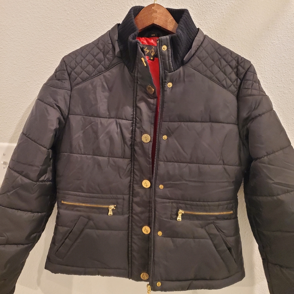 Black Coat long sleeve gold button up front two zippers on the side.